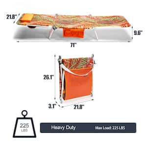 Outdoor Metal Frame Orange Bamboo Leaves Stripe Beach Chair Lounge Chair with Footrest and Side Pocket