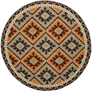 Veranda Green/Terracotta 8 ft. x 8 ft. Southwestern Tribal Indoor/Outdoor Patio Round Area Rug