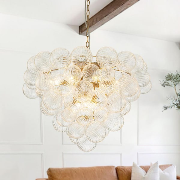 9-Light Antique Brass Modern Cluster Grape Bubble Chandelier with Swirled Glass Shade, Pendant Light Fixture for Bedroom