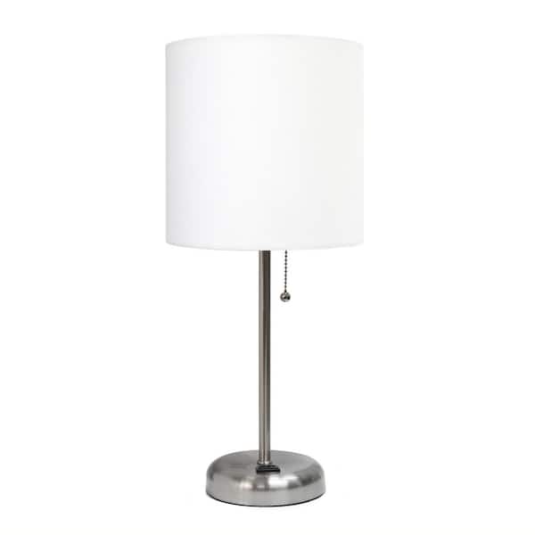 Creekwood home 19.5 in.Brushed Steel Stick and White Shade Contemporary Bedside Power Outlet Base Standard Metal Table Desk Lamp