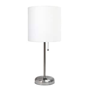 19.5 in.Brushed Steel Stick and White Shade Contemporary Bedside Power Outlet Base Standard Metal Table Desk Lamp