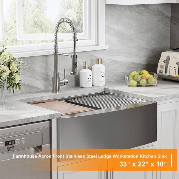 Stainless Steel 18-Gauge 33 in. x 22 in. Single Bowl Farmhouse Apron Mount Kitchen Sink with Drying Rack Stainless Steel 18-Gauge 33 in. x 22 in. Single Bowl Farmhouse Apron Mount Kitchen Sink with Drying Rack