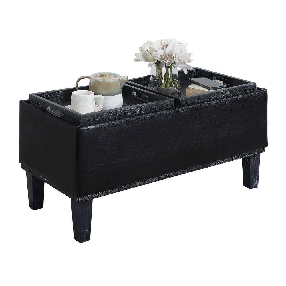 Brentwood Black Faux Leather Storage Ottoman with Reversible Trays