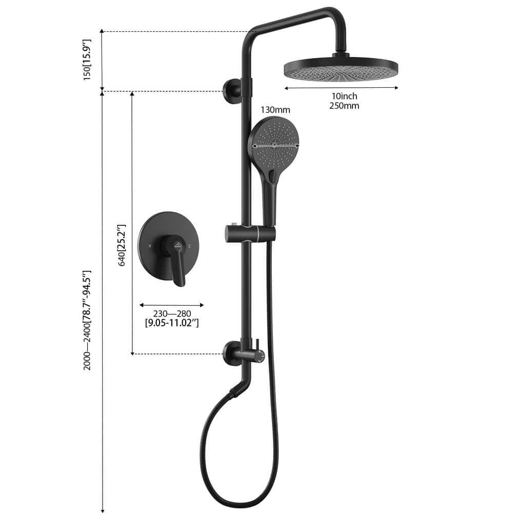 10-Inch Black Round Handheld Rain Shower System with Adjustable Height
