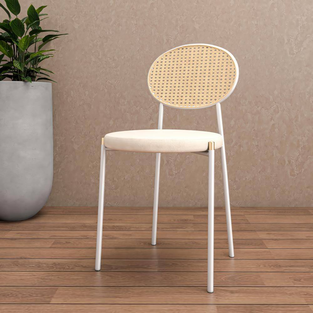 Beige Velvet Side Chair with Rattan Back and White Metal Frame