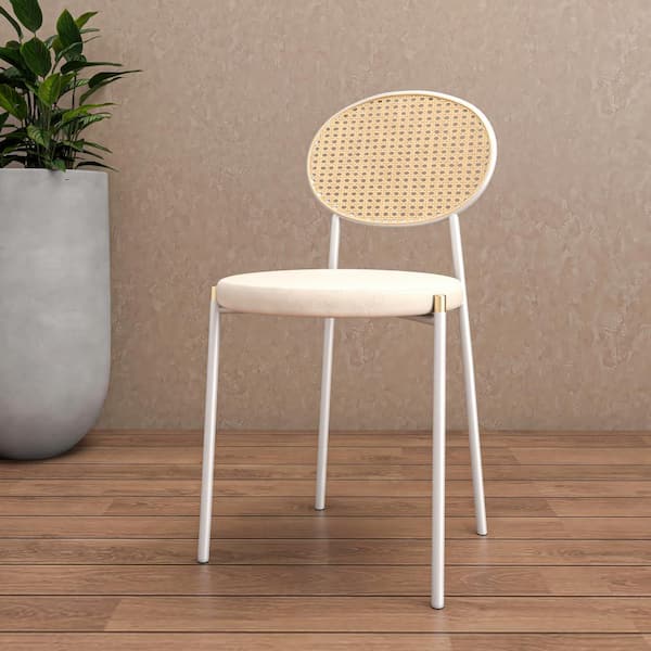 Leather Dining Chair Armless Rattan Back Side Chair in White Stainless Steel Euston Collection in Beige
