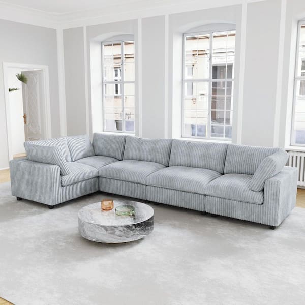 118 in. Square Arm Soft Faux Rabbit Fur Velvet 5-Piece L-Shaped Modern Comfy Cloud Modular Sectional Sofa Couch in Gray