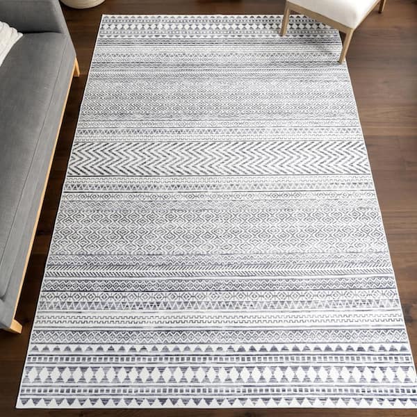 Tribal Banded Spill Proof Washable Grey 8 ft. x 8 ft. Indoor Area Rug