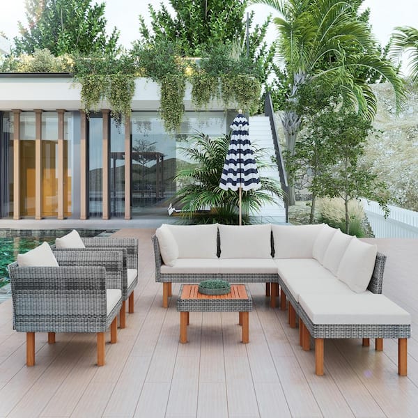 Unbranded 9-Piece Gray PE Rattan Wicker Patio Outdoor Sectional Sofa Set with Beige Cushion Acacia Wood Legs Tabletop Coffee Table