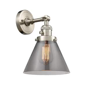 Cone 8 in. 1-Light Brushed Satin Nickel Wall Sconce with Plated Smoke Glass Shade with On/Off Turn Switch