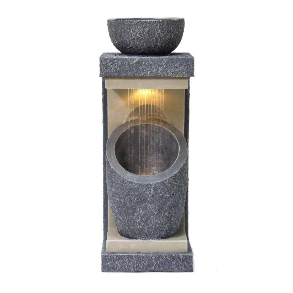 UPC 810129482096 product image for Gray Resin Column and Bowl Sculpture Outdoor Waterfall Fountain with Lights | upcitemdb.com