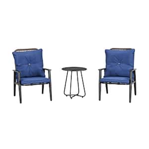 3-Piece Metal Wicker Patio Conversation Set with Blue Cushions
