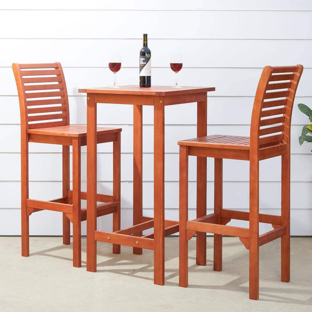 3 Piece Wood Square Outdoor Bar Height, Outdoor Bar Height Bistro Table Set