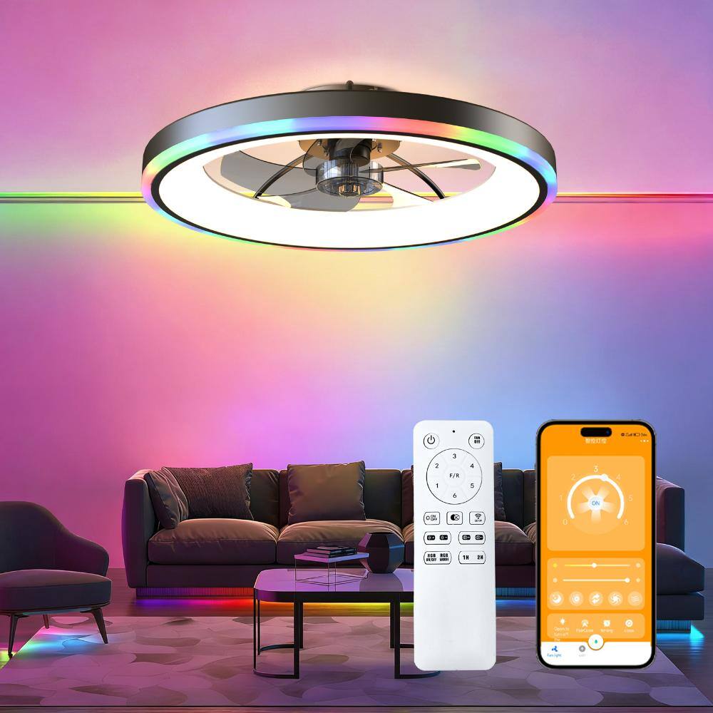 23.6" Ceiling Fan with Light & Remote Control, RGB Flush Mount, 6-Speed Reversible Silent DC Motor (Black)