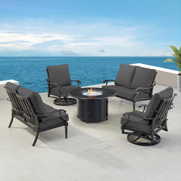 Oakland Living Black 5-Piece Aluminum Patio Fire Pit Set with Black Cushions
