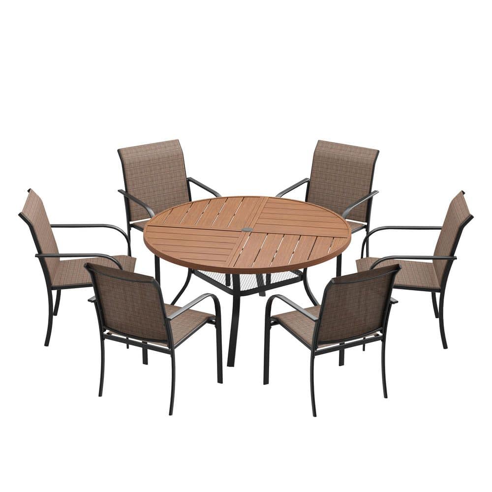 7-Piece Outdoor Patio Dining Set with 47.2 in. Walnut Round Table and 6-Brown Dining Chairs
