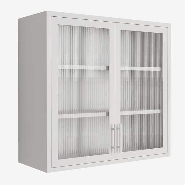 Zeus & Ruta 31.5 in. W x 11.8 in. D x 30 in. H Bathroom Storage Wall Cabinet in White with Fluted Tempered Glass Doors