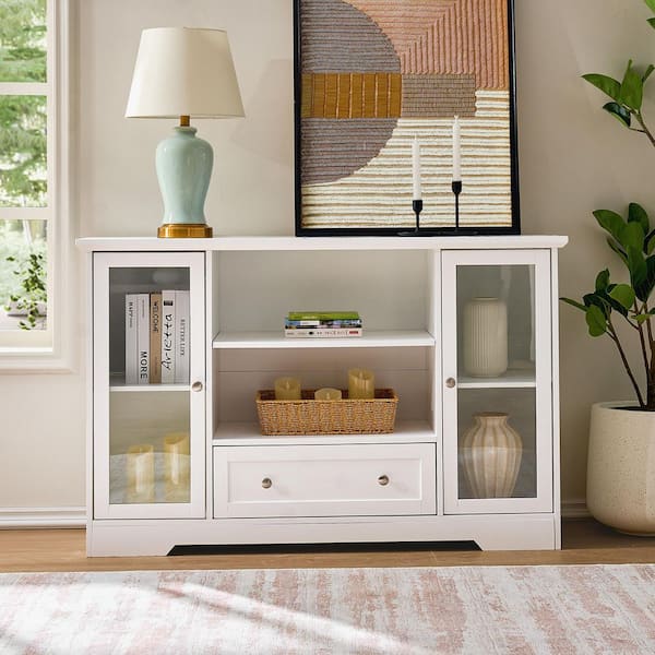 Arcelia 51 in. W White Oak Wood Buffet Sideboard Cabinet with Drawer, Glass Doors and Adjustable Shelves