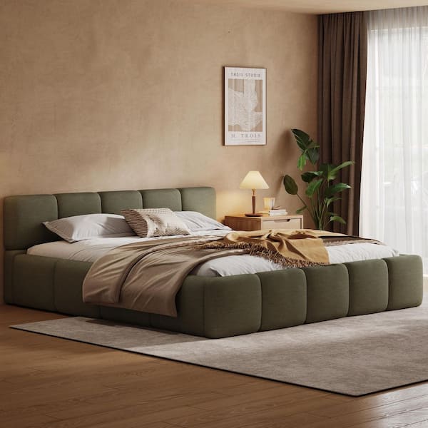 Cassius Green Linen Upholstered Wood Frame California King Size Platform Bed with Block Style Thick Headboard