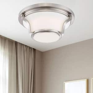 12 in. 120-Watt Equivalent Brushed Nickel 3000K CCT LED Ceiling Light Flush Mount with Frosted White Glass Shade