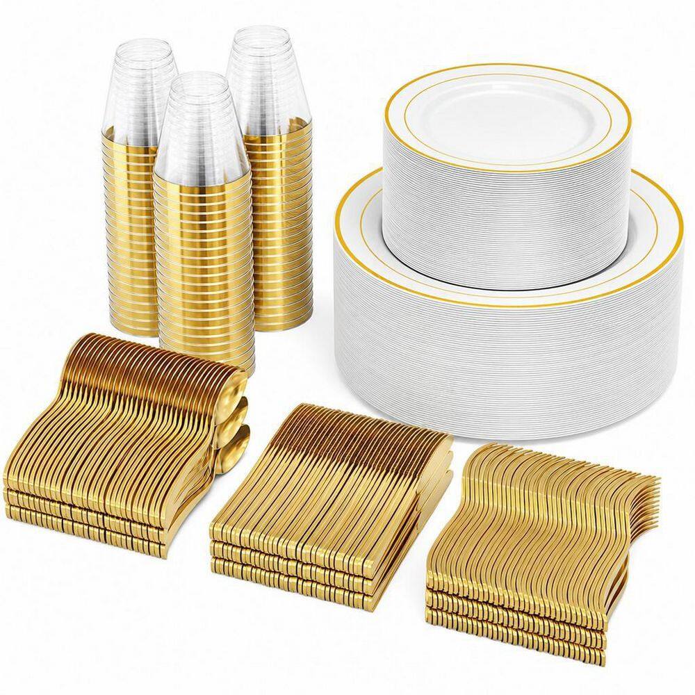 Numhew 600-Piece Gold Disposable Plastic Dinnerware Set Service