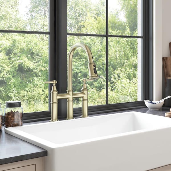 Double Handles Gooseneck Pull Down Sprayer Kitchen Faucet in Brushed Gold Widespread Bridge Faucets for 3-Hole