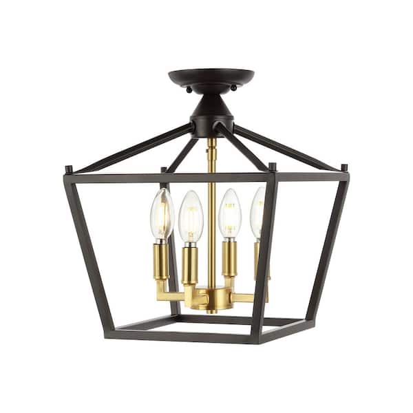 Plains Mini Lantern 12 in. 4-Light Iron Modern Farmhouse LED Flush Mount, Oil Rubbed Bronze/Brass Gold
