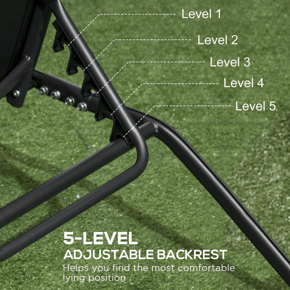 Black Steel Adjustable Outdoor Chaise Lounge Set with Wheels