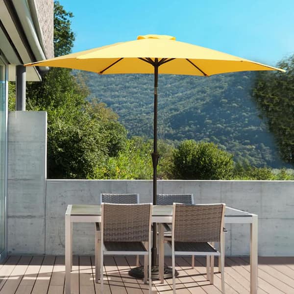 8.8 ft. Aluminum Patio Market Umbrella with Base, Push Button Tilt and Crank Lift in Yellow