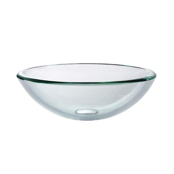 KRAUS Single-Tone 17 in. Round Vessel Bathroom Sink in Clear Glass with Pop-Up Drain and Mounting Ring in Chrome