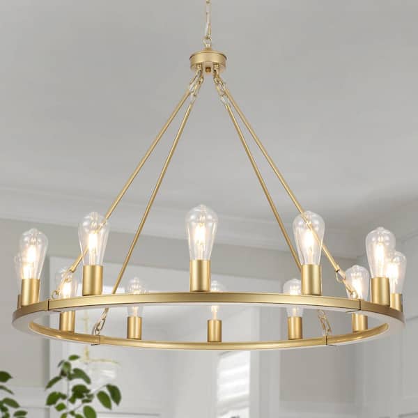 Loughlam 12 Light Gold Farmhouse Candle Style Wagon Wheel Chandelier for Living Room Kitchen Island Dining Room Foyer