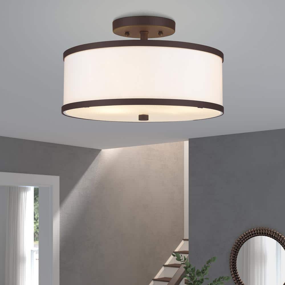 Bronze 2-Light Drum Ceiling Mount with Off-White Fabric Shade