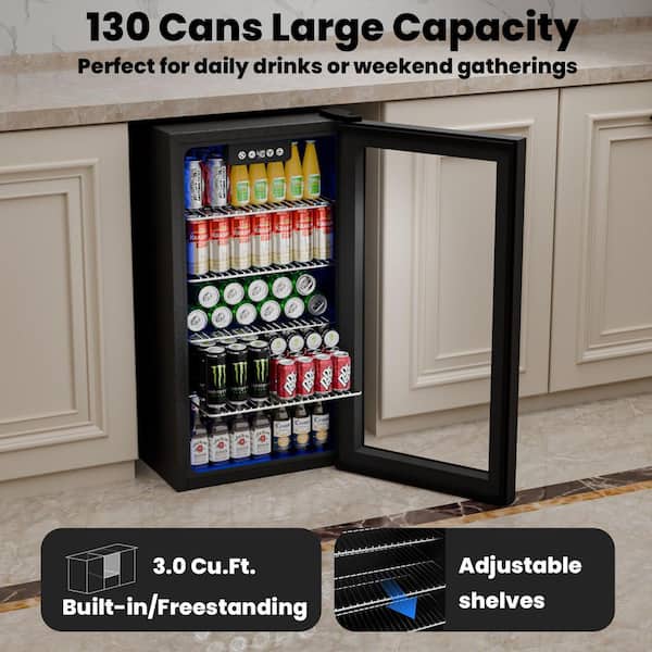 15.35 in. Single Zone 130-Cans Freestanding/Countertop Beverage and Wine Cooler in Black, Dual-layer Door