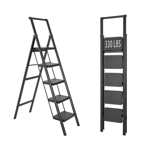 Tatayosi 5-Step Steel Folding Step Stool Ladder 330 lbs. Load Capacity (1.5 ft. Industry Standard Ladder Height),Black