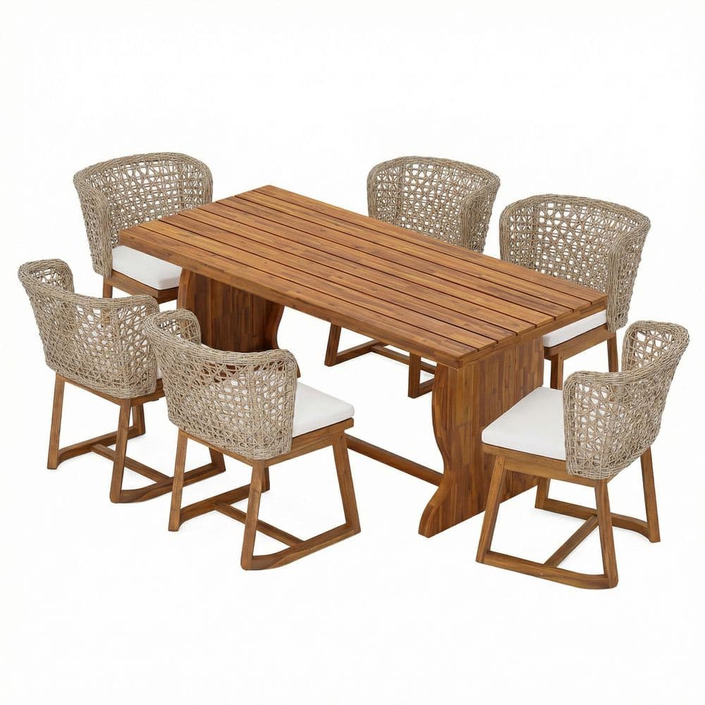 Wilima 7-Piece Rectangle Beige Solid Wood Top Dining Table Set Seats 6
