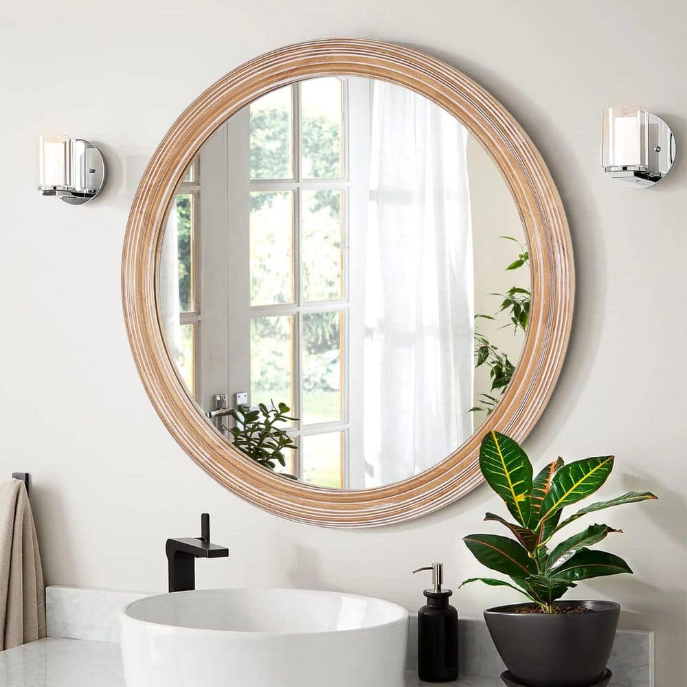 Natural 27.56 in W x 27.56 in H Round Farmhouse Distressed Wood Framed Wall Mirror Vanity Mirror price history on PriceWatchPro