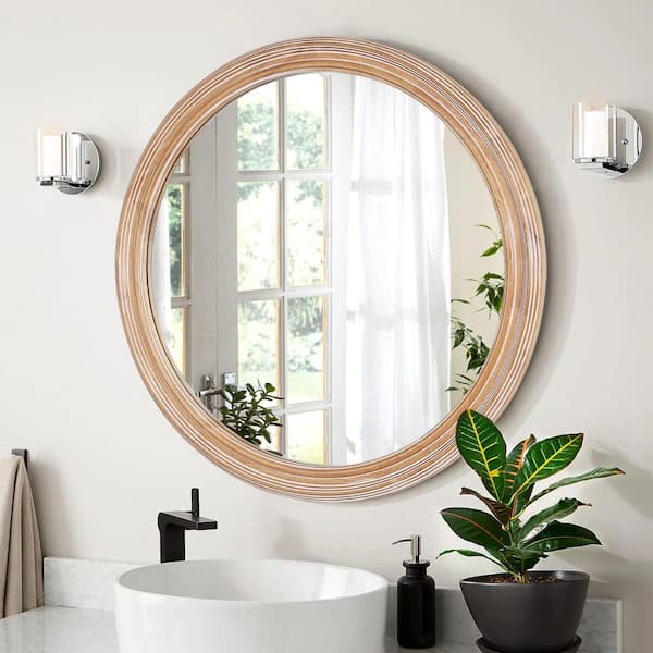 Natural 27.56 in W x 27.56 in H Round Farmhouse Distressed Wood Framed Wall Mirror Vanity Mirror