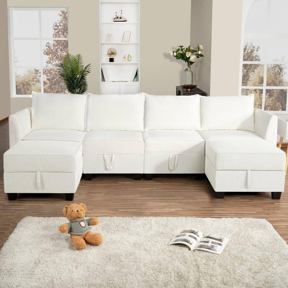 HOMESTOCK Modular Convertible U-Shaped Sectional Sofa with Reversible  Chaise Sectional Sofa with Ottoman - Linen Upholstery, White 81779HD - The  Home