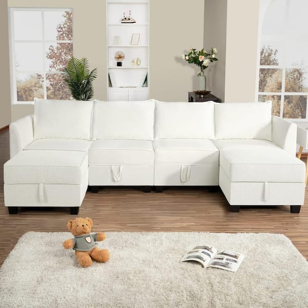 MAYKOOSH 113 in. Straight Arm 7-Piece Linen Modular Sectional Sofa in White with Chaise - Sofa Couch for Living Room/Office