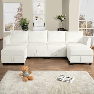 113 in. Straight Arm 7-Piece Linen Modular Sectional Sofa in White with Chaise