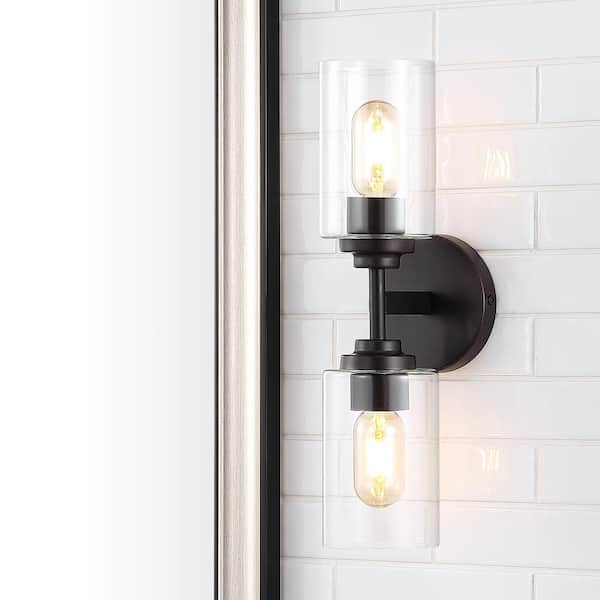 JONATHAN Y Giles 16 in. 2-Light Oil Rubbed Bronze Farmhouse Industrial Iron Cylinder LED Wall Sconce Vanity Light