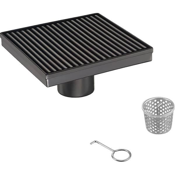 Elegante Drain Collection 4 in. Square Stainless Steel Shower Drain with Bar Pattern, Matte Black