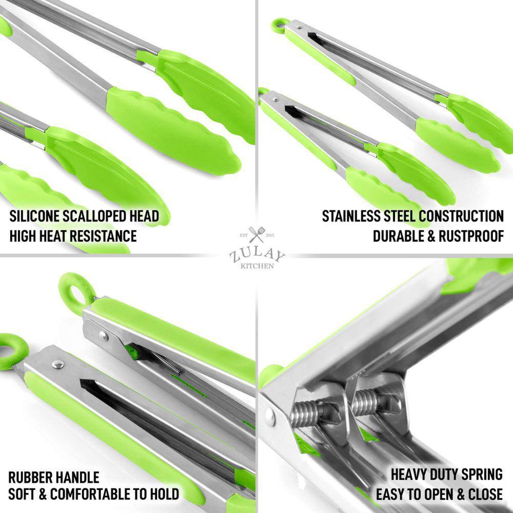 Light Green Stainless Steel Kitchen Tongs Set with Silicone Tips