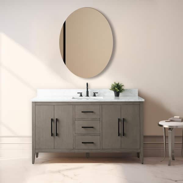 Vanity Art 60 in. W x 22 in. D x 34 in. H Single-Sink Bath Vanity in Driftwood Gray with Engineered Marble Top in Arabescato White