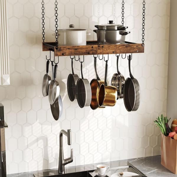 Hanging Pot Rack with 12 S-Shaped Hooks for Kitchen, Ceiling Mounted Pot Rack for Cookware Storage, Rustic Brown