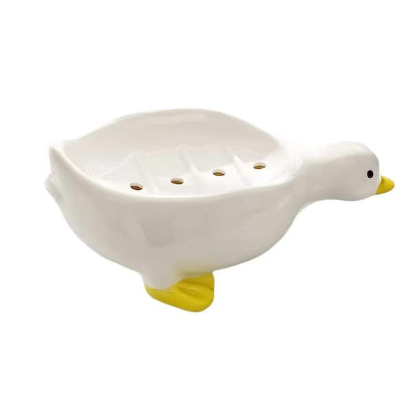 1-Pack Duck Ceramic Soap Dish with Self Drain Design for Shower Bathroom Kitchen Counter in White