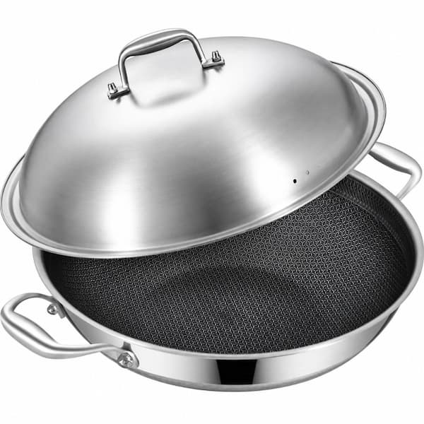 14.5 in Hybrid Ceramic Nonstick Stainless Steel Wok Pan with Steel Lid for Induction Cooking
