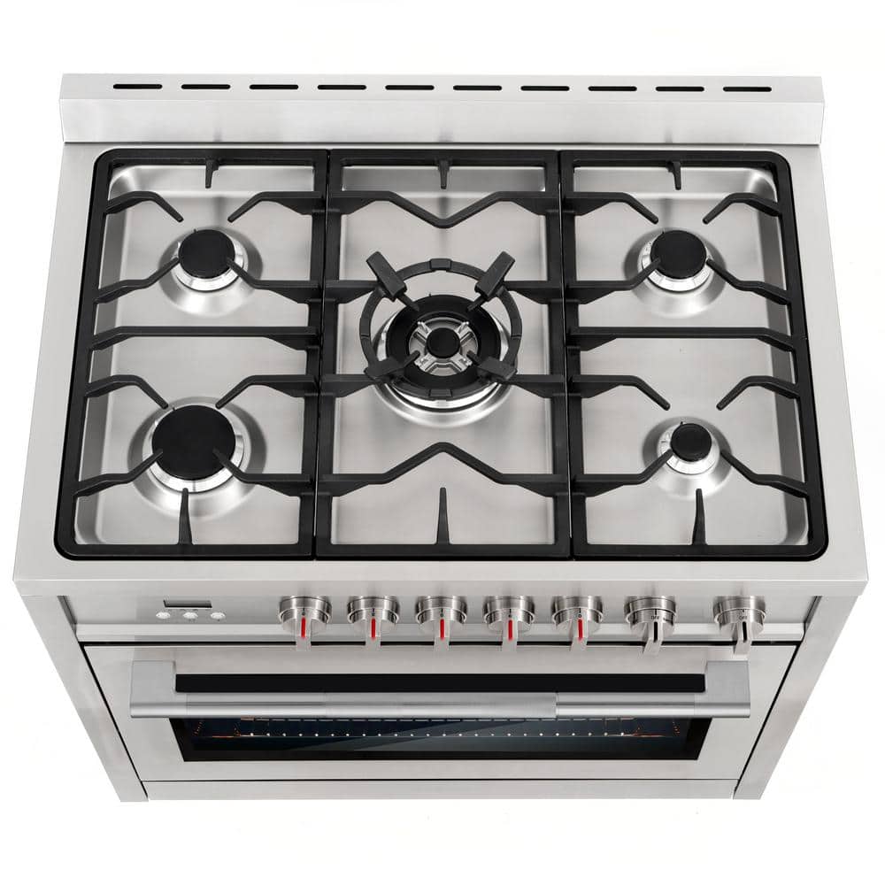 36'' Stainless Steel Gas Range with 5 Burners and Convection Oven