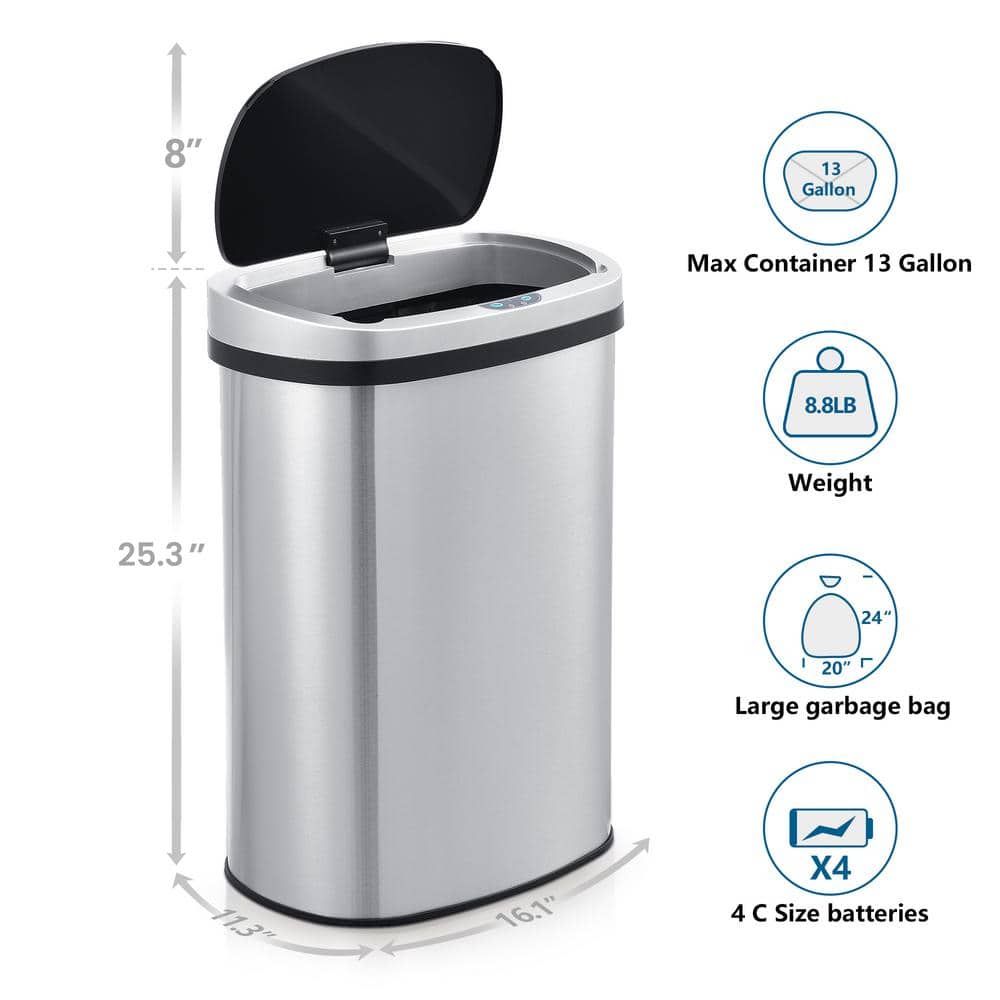 Innovaze 13 Gallon Stainless Steel Touchless Trash Can with Black Lid