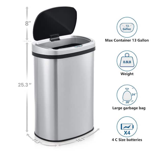13 Gallon 50 Liter Kitchen Trash Can with Touch-Free & Motion Sensor Lid,  Automatic Plastic Garbage Can, Touchless Trash Bin Automatic Trash Can for